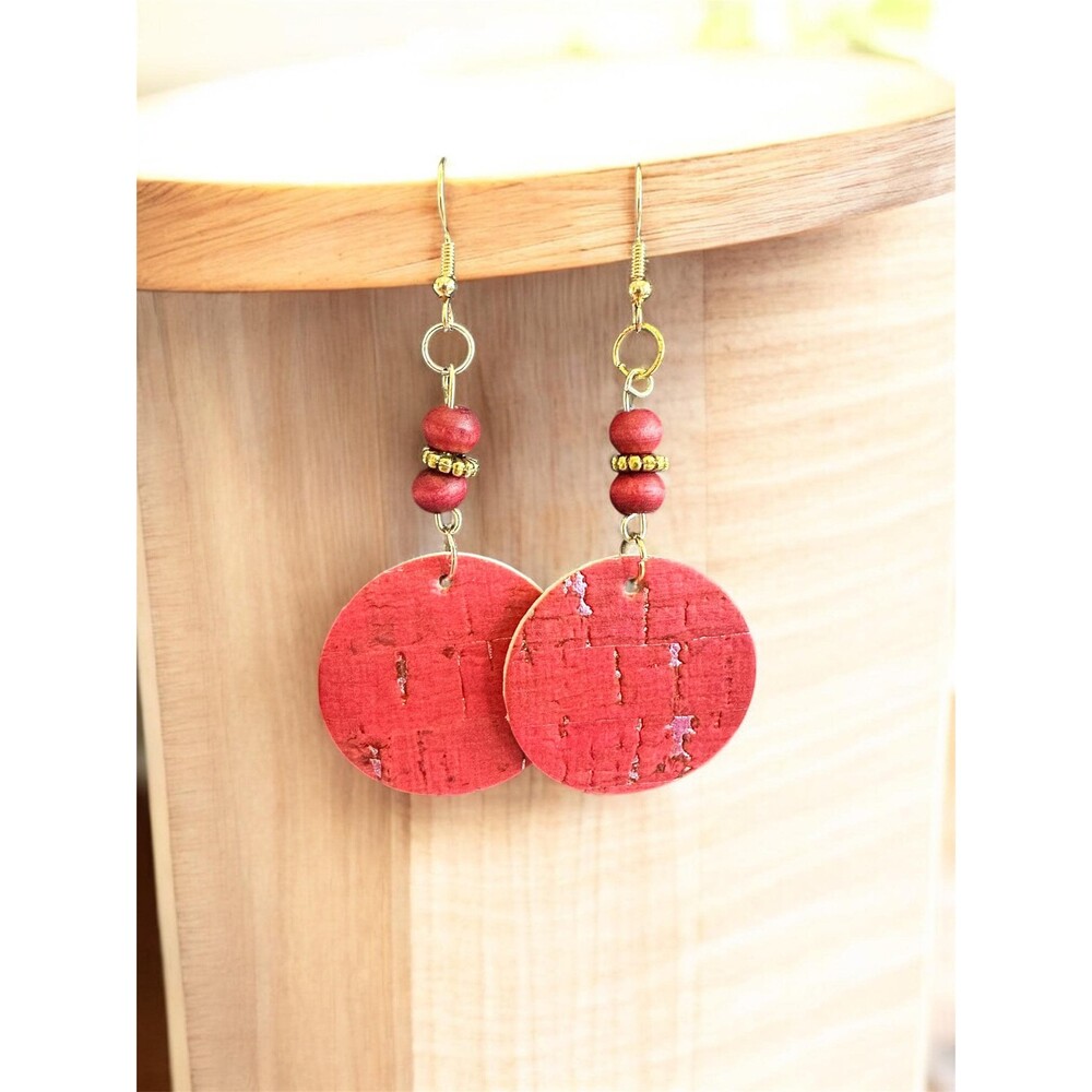 Lightweight Red Cork Earrings, Statement Boho Dangle Earrings, Eco Friendly Gift